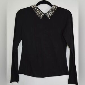 NEW LC Lizette Collection Black Embellished Collar Top, Stretchy …